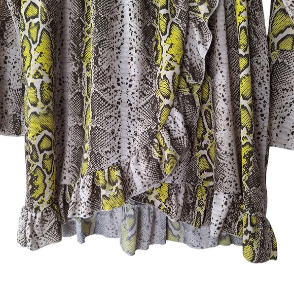 Bohoo Size 14 Snake Print Ruffle Faux Wrap Long Sleeve Elastic Waist Mini Dress - Picture 6 of 11